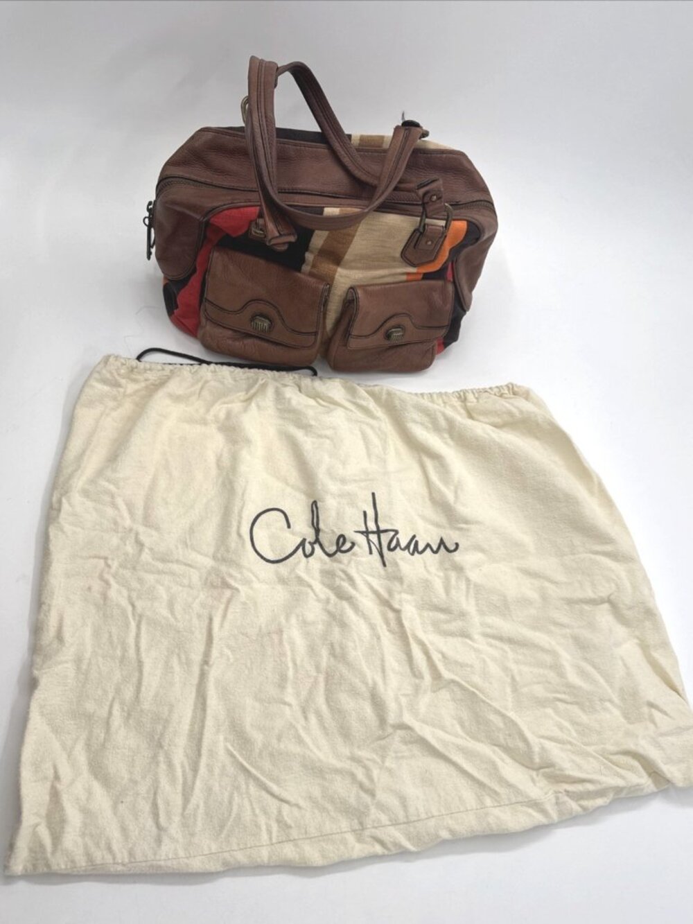 Cole Haan Striped Handbag Brown Leather Canvas Shoulder Aztec Double Handle Boho - Picture 11 of 12